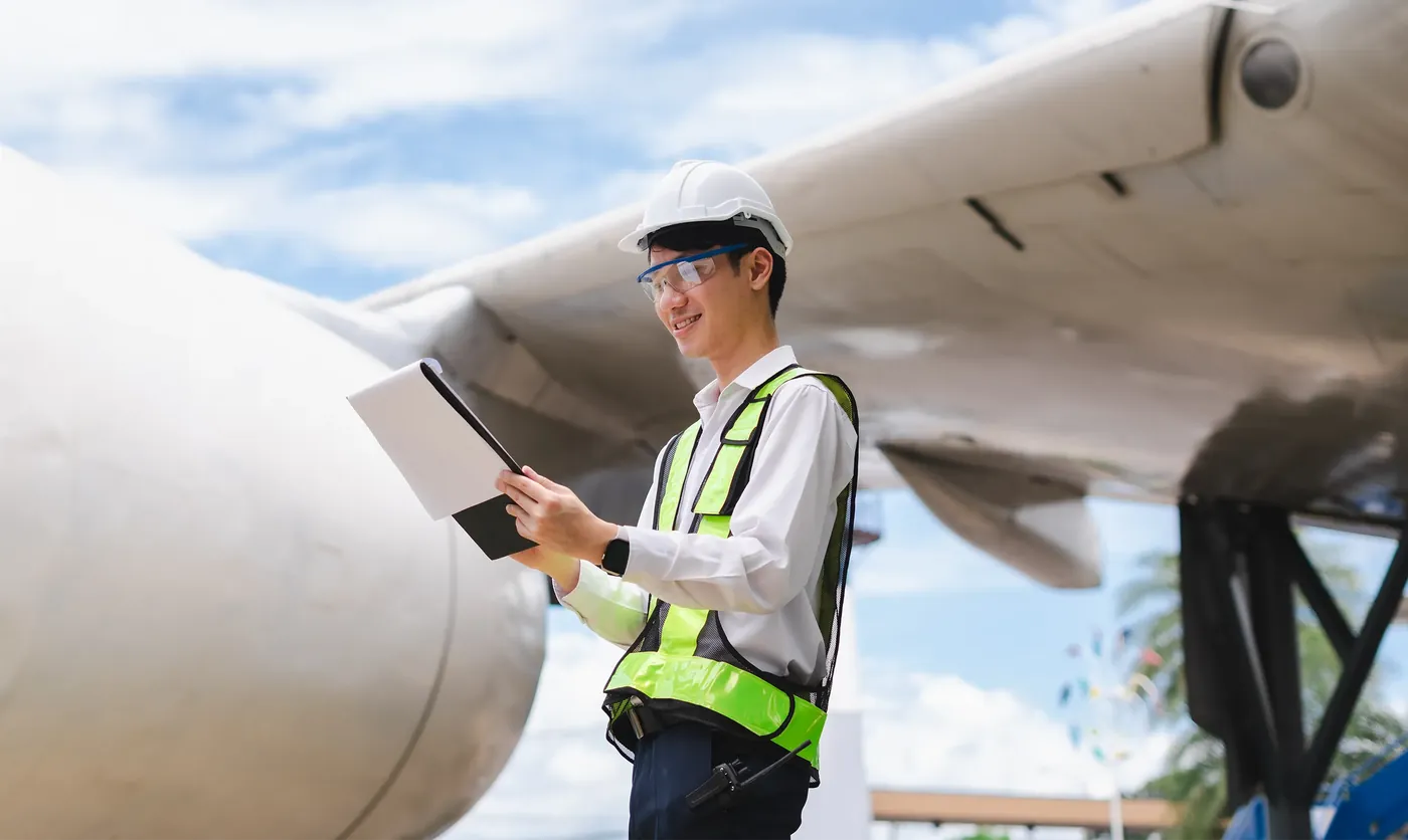 Operador logístico revisando documentos junto a un avión de carga