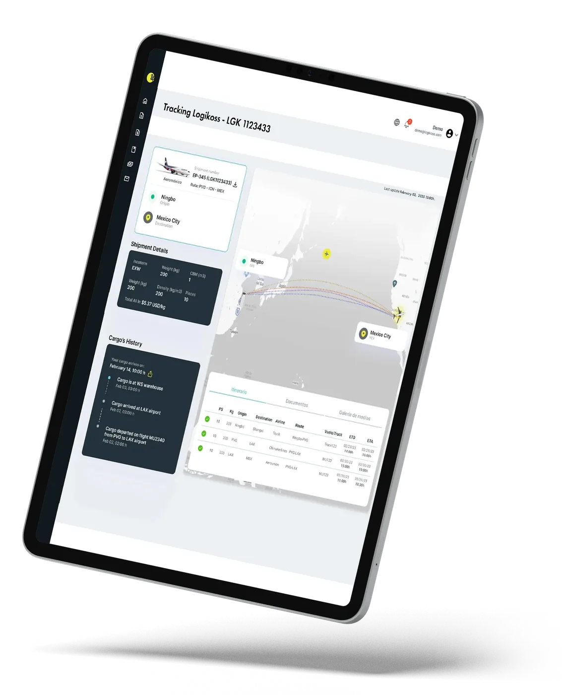 Interfaz de seguimiento logístico en iPad con actualización de embarques