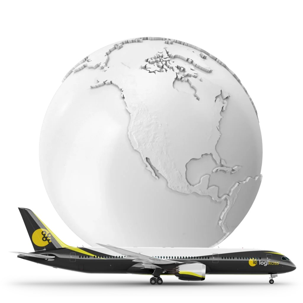 Avión volando con la Tierra de fondo, simbolizando conectividad global en logística