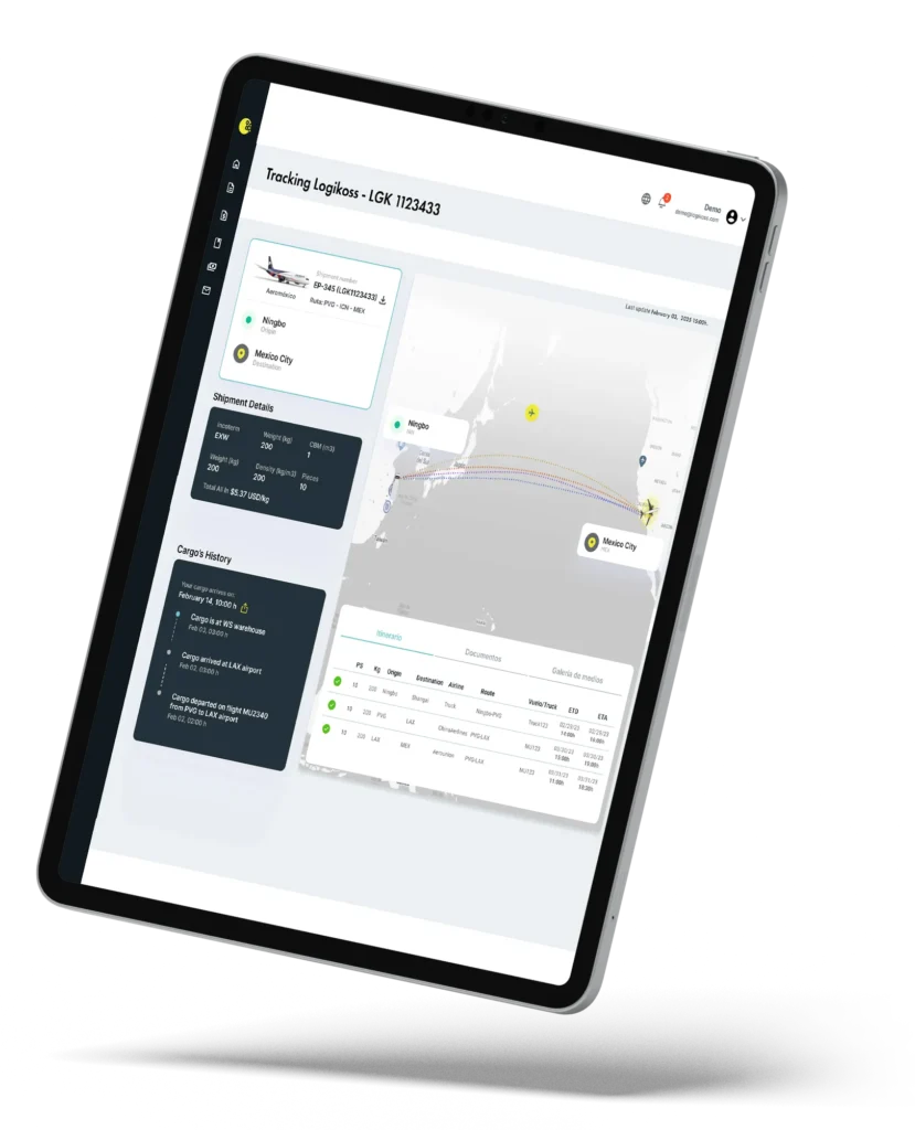 Interfaz de seguimiento logístico en iPad con actualización de embarques