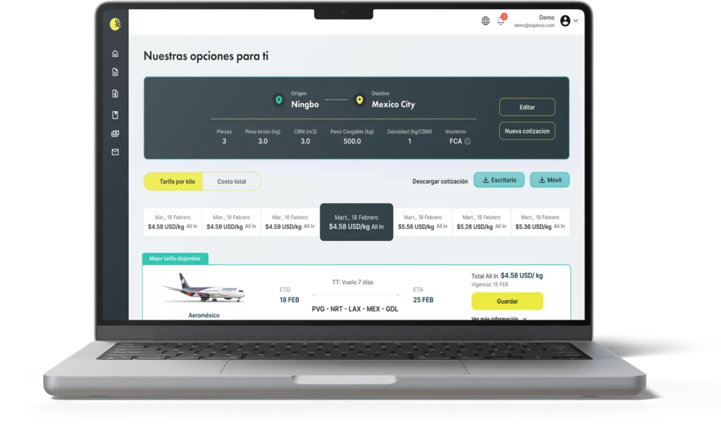 Computadora mostrando múltiples tarifas de carga aérea en la plataforma Logikoss